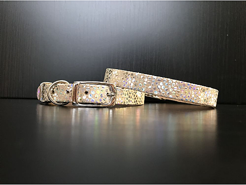 Beige with Holographic Dots - Leather Dog Collar - Size S